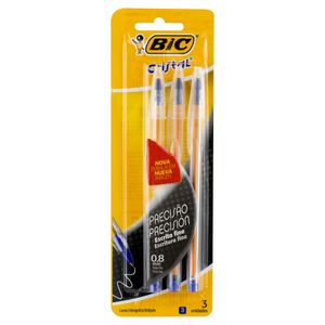 Caneta Esferográfica Azul 0,8mm Ponta Fina Bic Cristal 3 Unidades