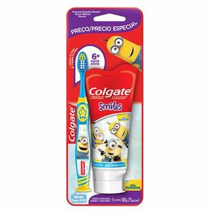 COLGATE KIT MINIONS ESCOVA DENTAL 6+ BASE PEGA POP + GEL DENTAL SMILES 100G x 1