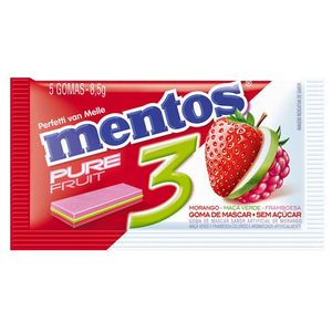 MENTOS GOMA DE MASCAR PURE FRUIT 3 MORANGO MACA VERDE E FRAMBOESA COM 5 UNIDADES 8.5 G x 1