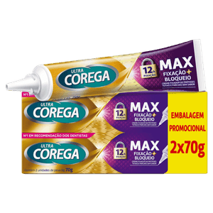 Creme Fixador de Dentadura Ultra Corega Max Fixação + Bloqueio Sem Sabor 2 Unidades 70g Cada